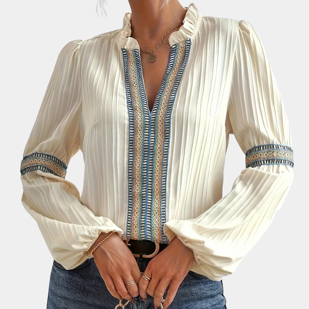 Teodora - Trendy Dames V-hals Blouse met Ruches