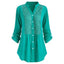 Voorkant blauwgroene lange blouse met pofmouwen voor dames