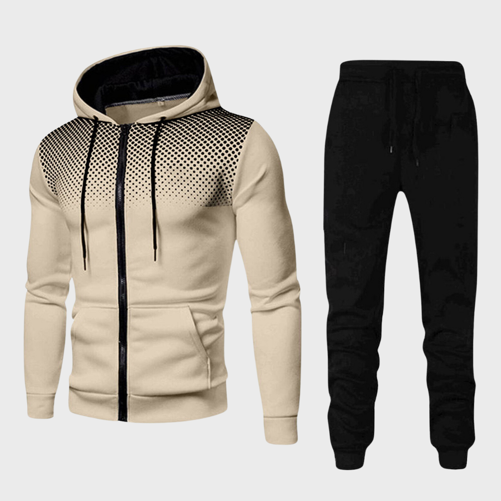 Zwart beige trainingspak voor heren met trainingsbroek en vest met capuchon